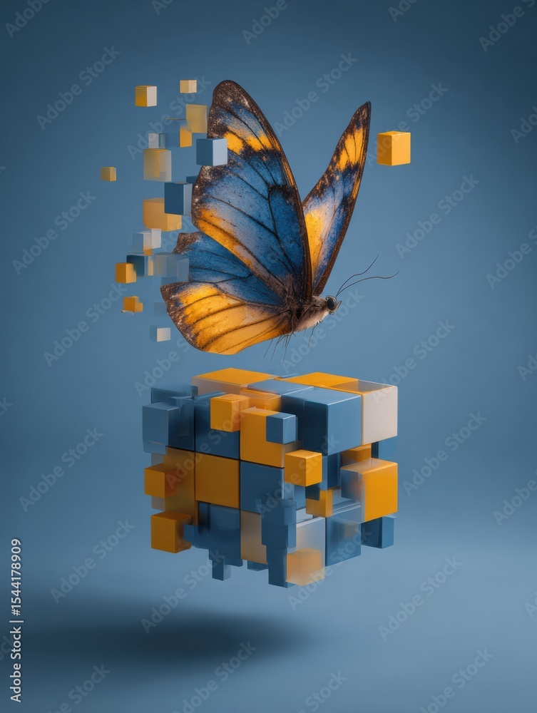 Poster Transformation Represented by a Butterfly Emerging From a Colored Cube Against a Simple Background