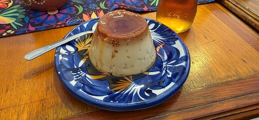 Flan on a blue plate