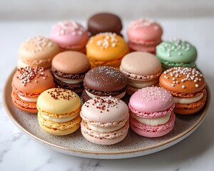 Fototapeta premium Colorful French Macarons with arranged on a plate, dessert treats, and marble background.