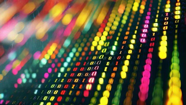 Abstract colorful binary code matrix with bokeh lights effect, futuristic technology background