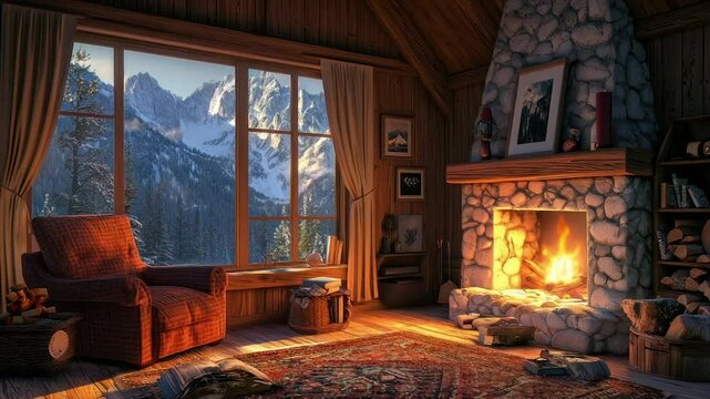Cozy cabin interior with mountain view, fireplace, and armchair