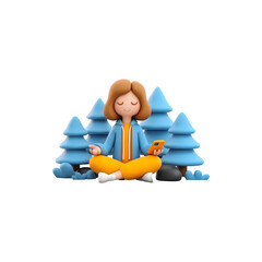 3D Character Meditating with Phone Surrounded by Trees on Black Background