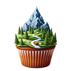 Cupcake Topped with Forest and Mountain Scene