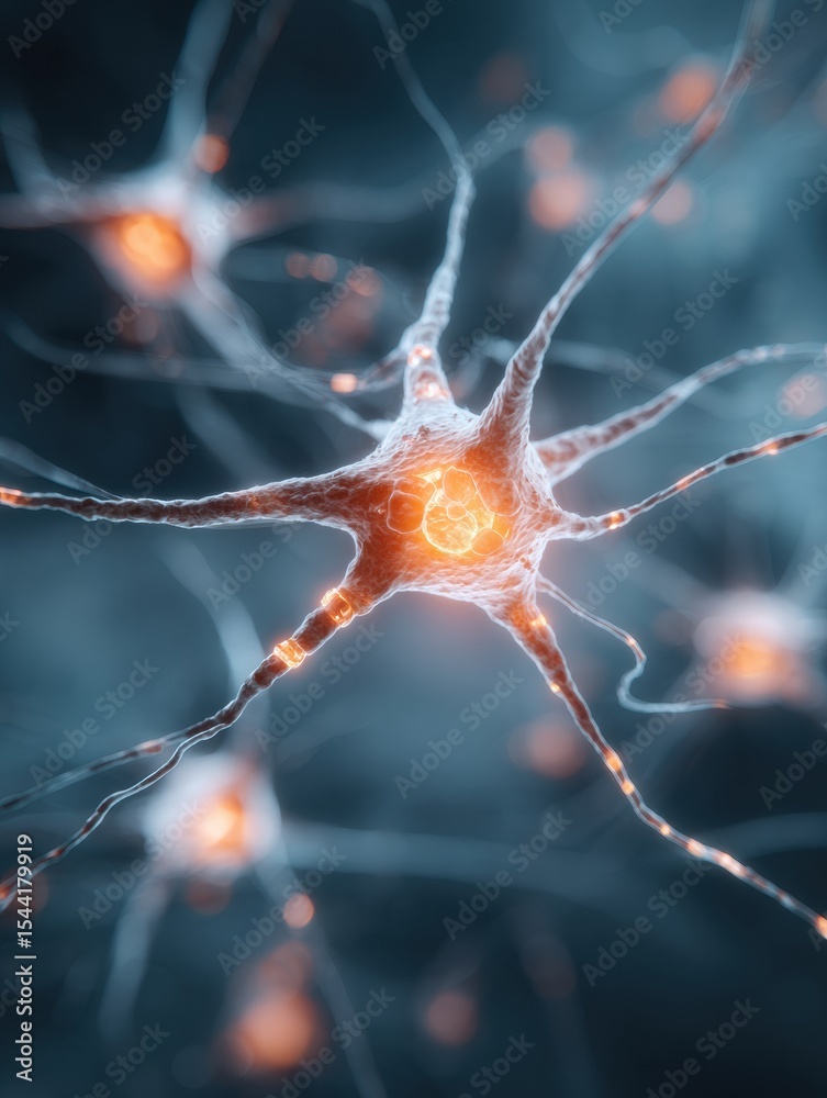 Poster bright nerve cell illuminated among blurred cells illustrates the concept of overstress in neural ne