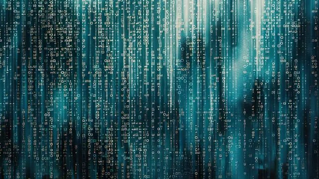 Abstract digital rain background with glowing binary code and teal color palette