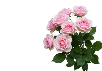 A bouquet of pink roses and green leaves is presented isolated on a white background, likely for display or photography.