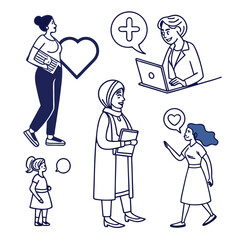 Diverse Women Vector Icon Set Dark Blue Line Art Illustrations Female Figures Girl Doctor Tablet Laptop Heart Plus Sign