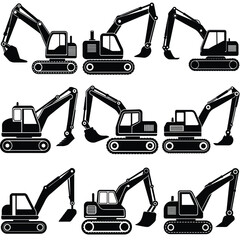 Nine different black silhouette icons of excavators, showcasing various angles and positions of the machinery on a white background.