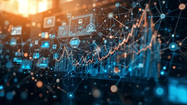 Professional dashboard animation with KPI graphs and network connection nodes
