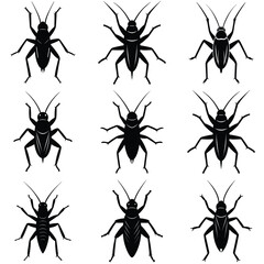 A collection of nine distinct black silhouettes depicting crickets or grasshoppers, viewed from above, against a white background.  The insects are shown in various poses.