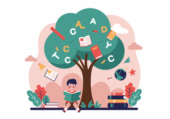 Boy Reading Book Under Knowledge Tree with Educational Symbols