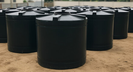 Black Plastic Water Tanks in a Yard