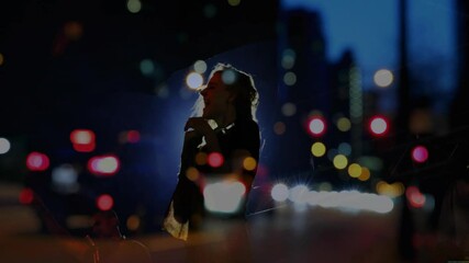 Headturning female singer flipping hair under headlights, keyboard player joining for music set - Powered by Adobe