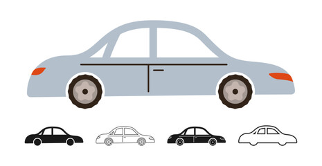 Simple gray Car icon symbol cartoon set. Hand drawn cute automobile car in multiple styles colored, silhouette, outline kid collection. Simple children funny auto transport icon vector illustration