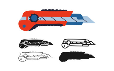 Stationery knife icon set. Box cutter tool knife stylized sign vector. Razor flat professional construction object. Stainless knife simple design element. Knife icon isolated vector illustration