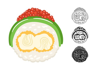 Sushi roll avocado shrimp caviar symbol cartoon set. Traditional Asian Japanese food linear doodle icon. Sushi seafood vector illustration. Doodle design sign for oriental menu, cafe, bar, restaurant