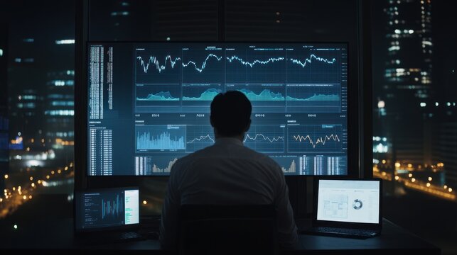 Analyst Overseeing Financial Data on Multiple Screens in Dark Office