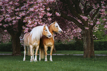 A pair of gorgeous horses in full growth with long manes pose freely in a garden of blooming pink cherry trees