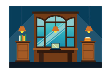 Obraz premium Cozy Home Office Design Nighttime Workspace with Bookshelves and Laptop
