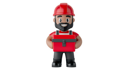 Smiling Cartoon Construction Worker with Red Toolbox