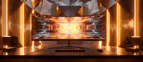 uxury Desk Space: Interior Background with RGB Gaming PC"

"Creative Zone: Interior Design Featuring Ultra-Slim Computer Setup"

"Digital Living: Cozy Interior with Stylish Workstation Design"