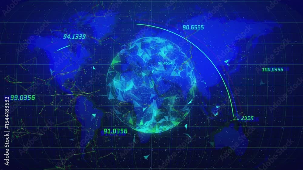 Poster crystalline data globe fading numeric readouts while launching neon arcs forming global network