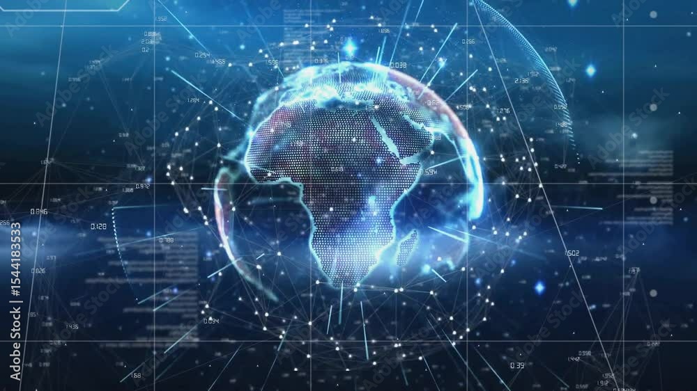 Poster when holographic earth fading in, globe rotating with web and data labels visualizing connectivity