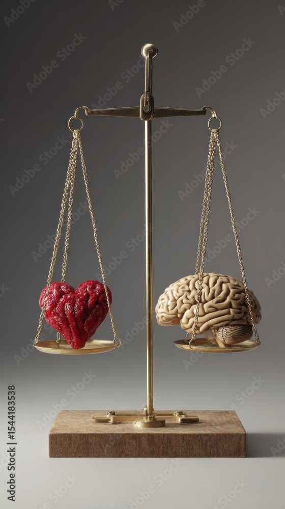 Aufkleber Balance Scale Featuring a Heart on One Side and a Brain on the Other Represents the Conflict Between Emotion and Logic in Decision Making