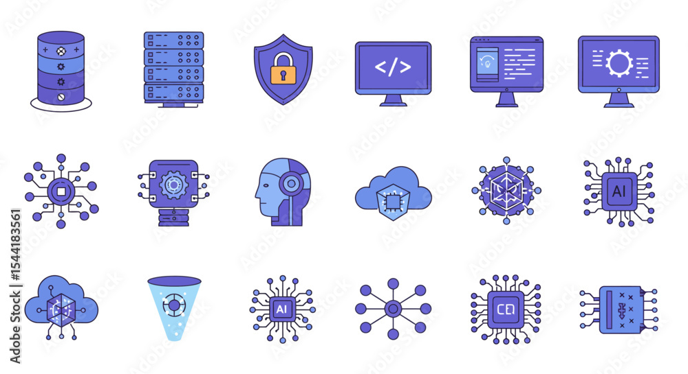 Fototapete Collection of flat vector icons representing artificial intelligence, data security, cloud computing, and machine learning concepts.