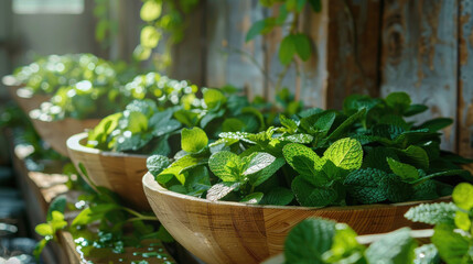 Fresh herbs in wooden bowls, sunlight streaming in