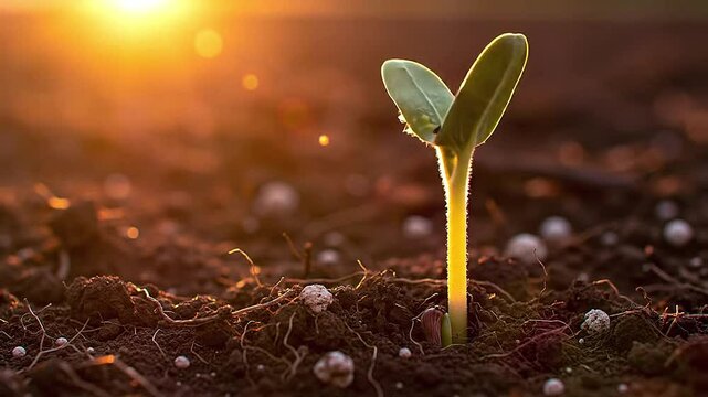 Time-lapse of single seed unfurling into plant in textured soil with glowing sunrise