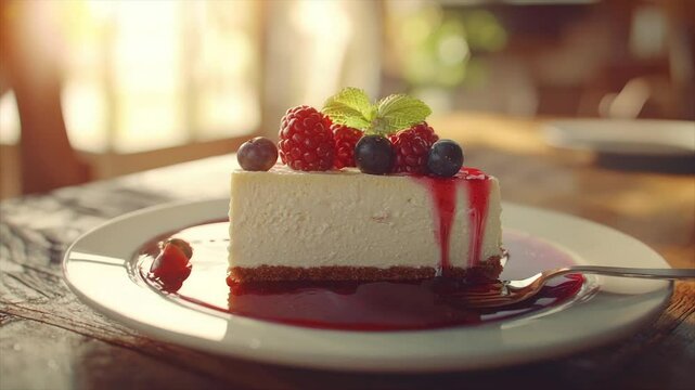 Creamy cheesecake slice, topped with fresh raspberries, blueberries, and a berry sauce