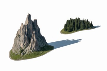 Mountain lonely island has a shadow, combined into a set on a white background along the path. . photo on white isolated background