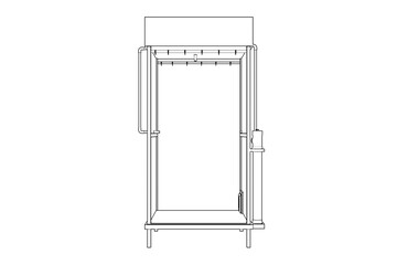 COVID-19 Disinfection Chamber and Sanitization Tunnel Blueprint: Monochrome Wireframe Technical Drawing Outline for Public Health, Safety, Hygiene, Disease Control Technology Illustration.