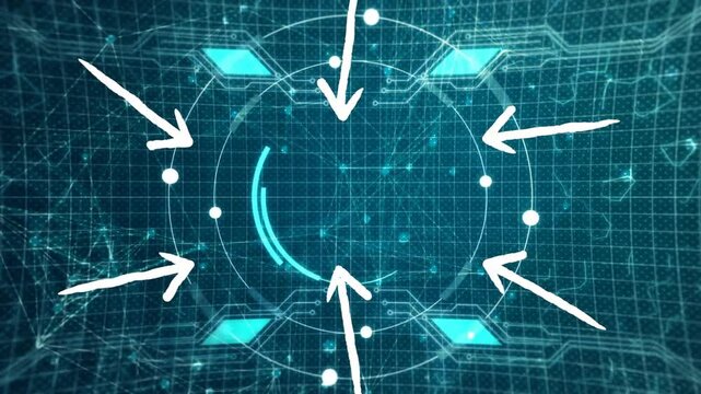 Teal grid filling, interface emitting nodes, arrows pointing inward, sweeping arc indicating scan