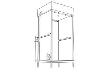 Technical Line Art: Sterilization Chamber for Virus Prevention and Germ Control - Monochrome Outline of Disinfection Booth and Safety Gate Blueprint for Public Health and Pandemic Response Tech