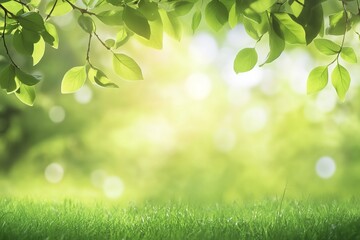 Fresh green leaves and morning sunlight with soft bokeh in a spring meadow