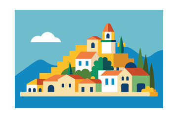 Fototapeta premium Mediterranean Coastal Village Hillside Houses and Azure Waters