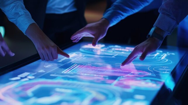 Business team collaborating on interactive display screen futuristic office
