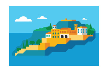 Fototapeta premium Mediterranean Coastal Village A Vibrant Illustration of Island Life