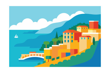 Fototapeta premium Coastal Town Landscape Vibrant Mediterranean Village by the Sea