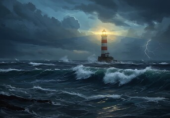 A dramatic seascape featuring a lighthouse standing strong amid crashing waves and dark storm clouds, radiating light as a beacon of hope and safety during turbulent weather.

