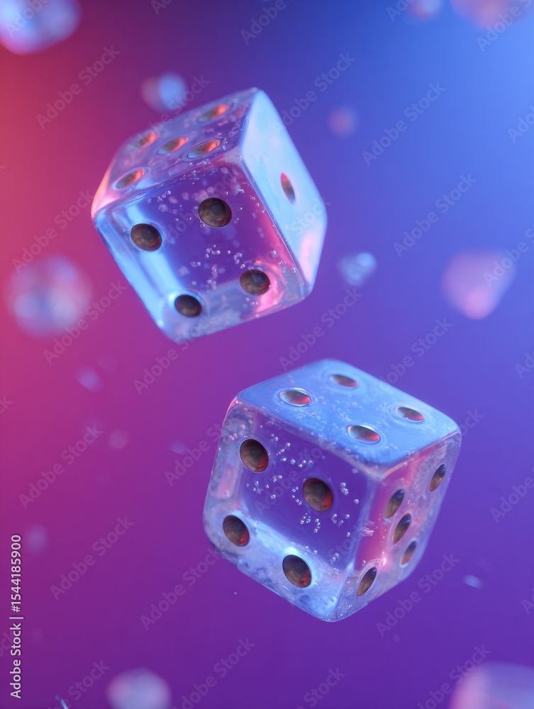 Poster frozen dice captured mid-roll against a vibrant backdrop showcasing dynamic colors and details