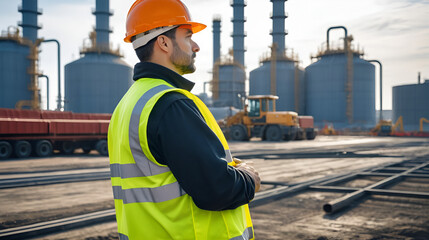 worker in reflective vest and hard hat observes busy industrial site, showcasing safety and diligence