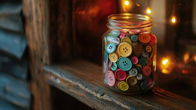 Colorful buttons fill a glass jar on a rustic shelf, illuminated by warm lights