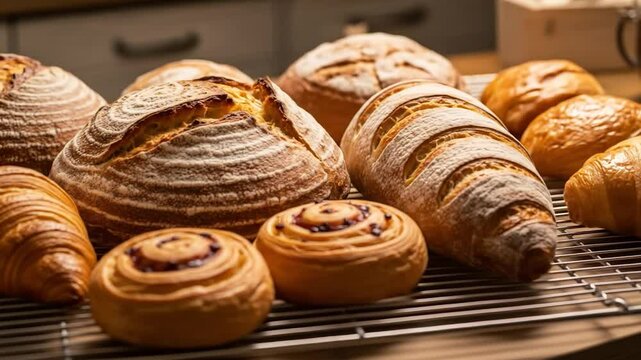 Freshly Baked Artisan Bread and Pastries Displayed on a Cooling Rack in a Bakery Setting