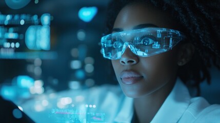 Futuristic female scientist in vr glasses looking at digital interface