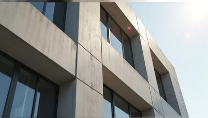 Modern concrete building facade with sleek windows and strong architectural lines against a clear sky