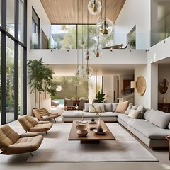 Fototapeta premium A collection of eight modern tropical living room interiors featuring open spaces, abundant natural lighting, lush indoor plants, and minimalist luxury decor. 