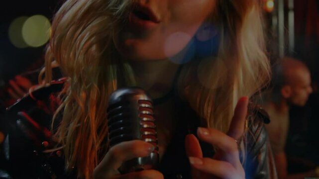 Female vocalist tapping mic singing and belting song on music stage guitarist strumming haze lights